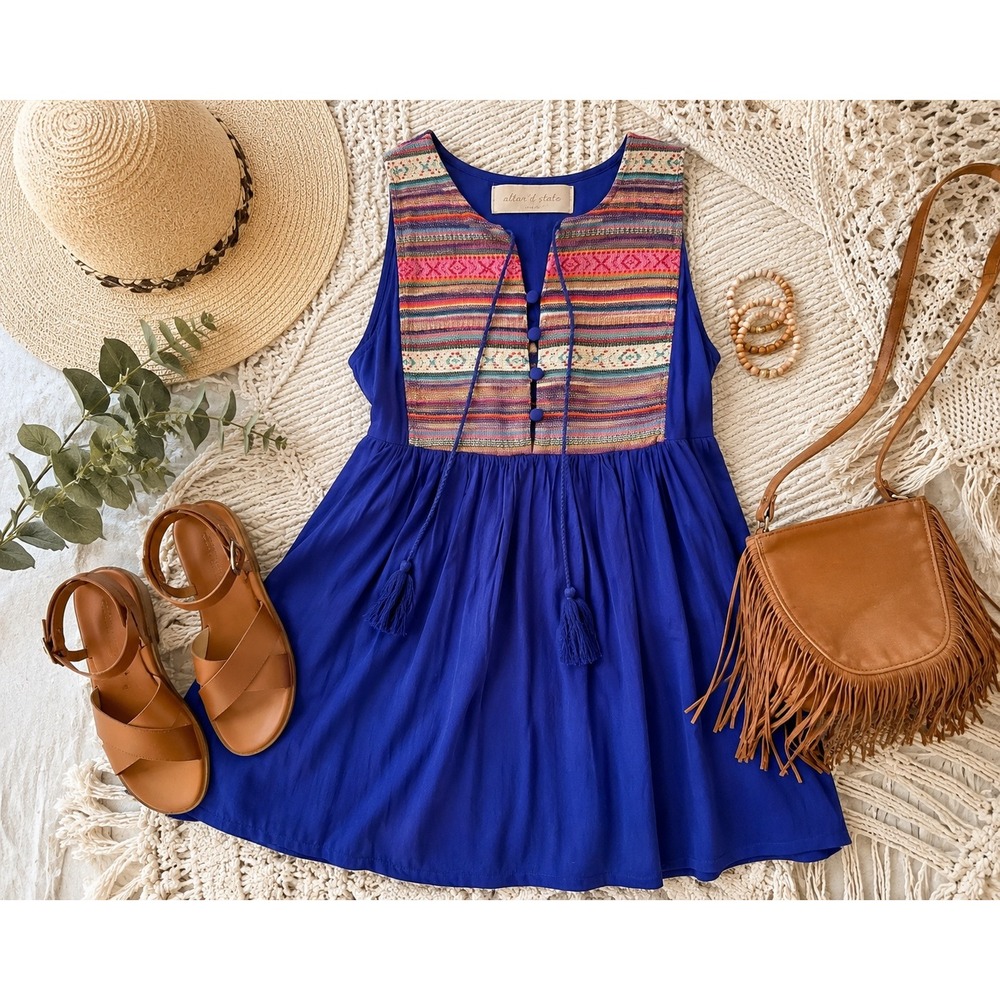 Altar'd State Blue Boho Tassel Babydoll Dress Small B5512 Multi Tapestry Yoke